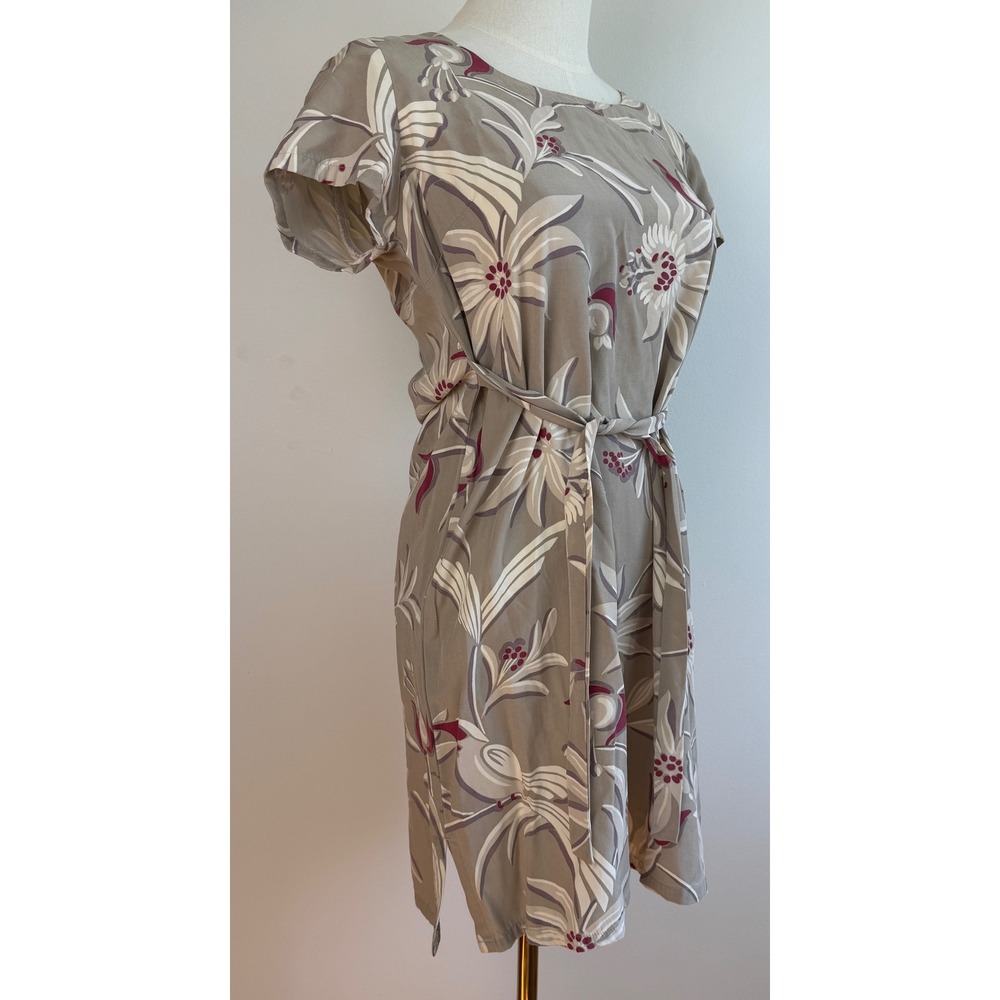 Reyn Spooner Floral Bird Dress Womens XS Taupe‎ Rayon Tie Waist Short Sleeve